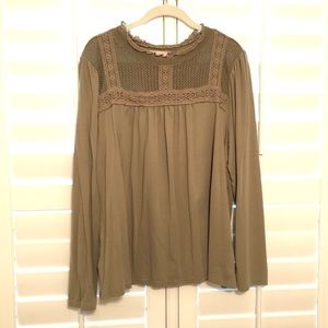 LOFT olive green long sleeve blouse with crochet detail at chest & neck (XXL)